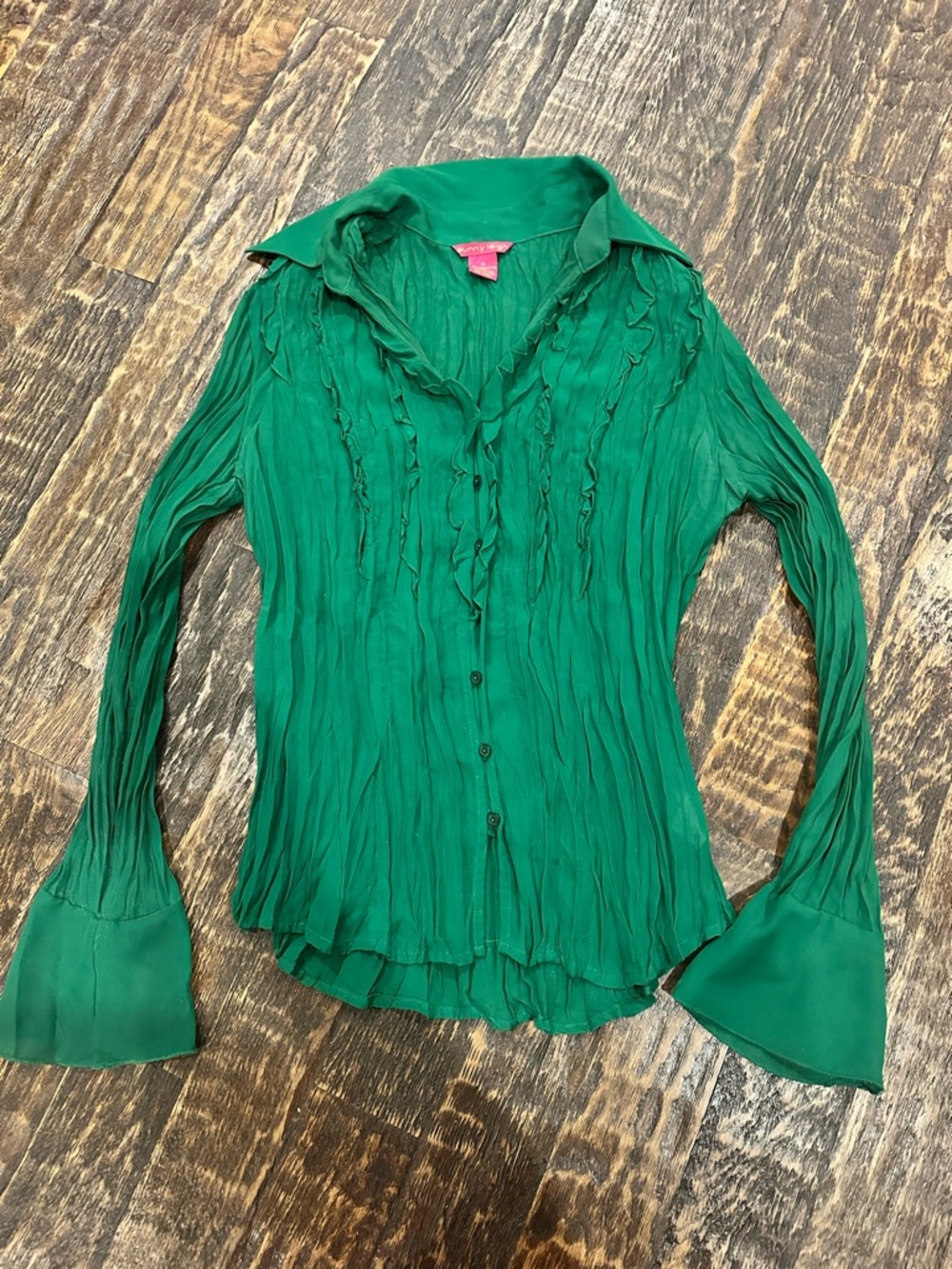Sunny Leigh Emerald Green Crinkle Button-Down Blouse